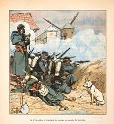 The Armee of the Loire av Eugene Sergent, känd som Grenest, illustrerad av Louis Bombled (1862-1927) (Frankisk-tyska kriget; kampanj 1870 -1871): Den 5:e sjöinfanteribataljonen vid bruket i Neuville aux bois i December 1870, Privat samling