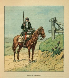 The Armee of the Loire av Eugene Sergent, känd som Grenest, illustrerad av Louis Bombled (1862-1927) (fransk-tyska kriget; kampanj 1870 -1871): Star of the 6th Hussards, engagerad under slaget vid Toury i oktober 1870 , Privat samling