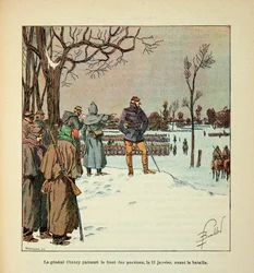The Armee of the Loire av Eugene Sergent, känd som Grenest, illustrerad av Louis Bombled (1862-1927) (fransk-tyska kriget; kampanj 1870 -1871): General Chanzy reser fram i positionerna den 11 januari före slaget, menig Samling