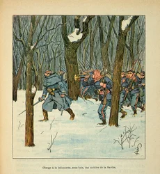 The Armee of the Loire av Eugene Sergent, känd som Grenest, illustrerad av Louis Bombled (1862-1927) (fransk-tyska kriget; kampanj 1870 -1871): Slaget vid Le Mans i januari 1871, laddade Sarthes mobiltelefoner , Privat samling