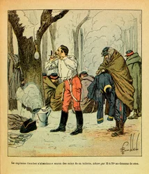 The Eastern Armee of Eugene Sergeant, dit Grenest, illustrerad av Louis Bombled (1862-1927) (fransk-tyska kriget; kampanj 1870-1871): Kapten Gaucher ger inte upp någonting av skötseln av sin toalett ens i mitten av vinter, Privat samling