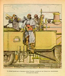 The Eastern Armee of Eugene Sergeant, dit Grenest, illustrerad av Louis Bombled (1862-1927) (fransk-tyska kriget; kampanj 1870-1871): I december 1870 erkände överste Lavalle och överstelöjtnant Bramas monterade på ett lokomotiv bankernas stränder. Saone