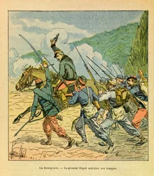 The Eastern Armee of Eugene Sergeant, dit Grenest, illustrerad av Louis Bombled (1862-1927) (fransk-tyska kriget; kampanj 1870-1871): General Dupre har chefen för sina män i slaget vid La Bourgonce i oktober 1870, Privat samling