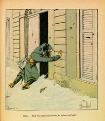The Eastern Armee of Eugene Sergeant, dit Grenest, illustreret af Louis Bombled (1862-1927) (fransk-tyske krig; kampagne 1870-1871): En preussisk kaptajns død på Chateau de Pouilly, Private Collectionswed