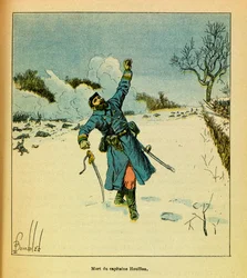 The Eastern Armee of Eugene Sergeant, dit Grenest, illustrerad av Louis Bombled (1862-1927) (fransk-tyska kriget; kampanj 1870 -1871): januari 1871, Hericourt, kapten Houillons död, privat samling
