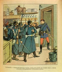 The Eastern Armee of Eugene Sergeant, dit Grenest, illustrerad av Louis Bombled (1862-1927) (fransk-tyska kriget; kampanj 1870-1871): I Contrexeville tog den oförskämda löjtnanten Coumes, efter att ha klättrat in i det gemensamma huset, 16 preussar till få