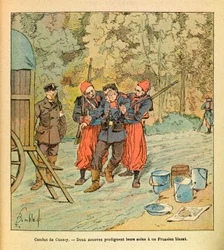 The Eastern Armee of Eugene Sergeant, dit Grenest, illustrerad av Louis Bombled (1862-1927) (fransk-tyska kriget; fälttåg 1870 -1871): Slaget vid Cussey, oktober 1870, två zouaver ger vård till en sårad preussare, insamling delvis