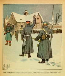 The Eastern Armee of Eugene Sergeant, dit Grenest, illustrerad av Louis Bombled (1862-1927) (fransk-tyska kriget; kampanj 1870 -1871): Januari 1871-Arcey, en tysk parlamentariker kommer för att återta kroppen vid den 60:e marschen av en officersmord i Aibr