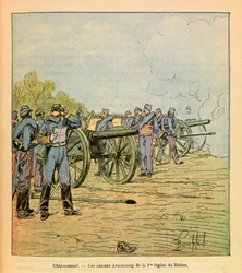 Eugene Sergeant, dit Grenest, östra armé, illustrerad av Louis Bombled (1862-1927) (fransk-tyska kriget; kampanjen 1870-1871): Framför Chateauneuf, Armstrongkanonerna från första legionen i Rhône i december 1870, privat samling.