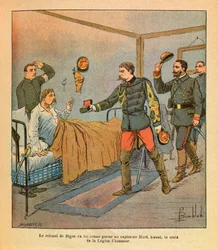 The Eastern Armee of Eugene Sergeant, dit Grenest, illustrerad av Louis Bombled (1862-1927) (fransk-tyska kriget; kampanj 1870-1871): Överste De Bigot förde själv till kapten Huot Hederslegionens kors efter striderna av Voujeaucourt i