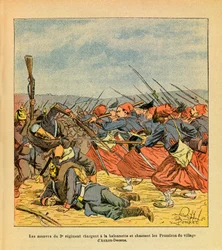 The Eastern Armee of Eugene Sergeant, dit Grenest, illustrerad av Louis Bombled (1862-1927) (fransk-tyska kriget; kampanj 1870-1871): Zouaverna från 3:e regementet laddar en baionett och driver ut preussarna från byn Auxon-Dessus under t
