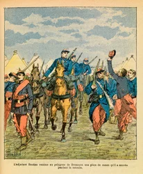 The Eastern Armee of Eugene Sergeant, dit Grenest, illustrerad av Louis Bombled (1862-1927) (fransk-tyska kriget; fälttåg 1870 -1871): Warrant Officer Bastien från den 32:e marschen tog tillbaka en bit till Besancon-polygonen av kanon som han räddade duri