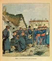 Eugene Sergeants östra armé, känd som Grenest, illustrerad av Louis Bombled (1862-1927) (fransk-tyska kriget; kampanjen 1870-1871): Slaget vid Saint Georges-stranden, tysk bivack på Place de Boncourt med franska fångar, privat samling.