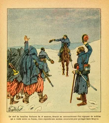 Östarmén av Eugène Sergeant, känd som Grenest, illustrerad av Louis Bombled (1862-1927) (fransk-tyska kriget; fälttåget 1870-1871): Ledaren för Barberet-bataljonerna i 4:e zouavregementet avdelas för att leda ett regemente ur mobilgardet som ville