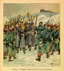 The Eastern Armee of Eugene Sergeant, känd som Grenest, illustrerad av Louis Bombled (1862-1927) (fransk-tyska kriget; kampanj 1870 -1871): februari 1871 under de sista striderna vid La Cluse löjtnant Jasinsky den 29:e mars gjort 35 fångar, Priv