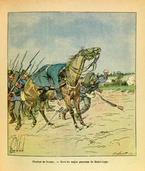 The Eastern Armee of Eugene Sergeant, känd som Grenest, illustrerad av Louis Bombled (1862-1927) (Frankisk-tyska kriget; kampanj 1870-1871): November 1870, under striderna vid Brazey, skjuts major Preussian Saint Ange ned, Privat samling