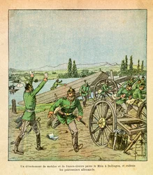 The Eastern Armee of Eugene Sergeant, känd som Grenest, illustrerad av Louis Bombled (1862-1927) (fransk-tyska kriget; kampanj 1870-1871): En avdelning av franska motiv och krypskyttar korsade Rhen och skakade de tyska broarbetarna, Privata Collecti