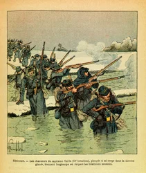 The Eastern Armee of Eugene Sergeant, känd som Grenest, illustrerad av Louis Bombled (1862-1927) (fransk-tyska kriget; kampanj 1870 -1871): Januari 1871, Hericourt, jägarna av kapten Sarda dyker halvkropp i isen Lisaine, håll dig länge fiende