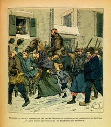 The Eastern Armee of Eugene Sergeant, känd som Grenest, illustrerad av Louis Bombled (1862-1927) (fransk-tyska kriget; kampanj 1870 -1871): Januari 1871, Hericourt, entusiasm framkallad av invånarna i Couthenans, till befälhavaren för Vaulchier och hans m