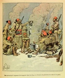 The Eastern Armee of Eugene Sergeant, kendt som Grenest, illustreret af Louis Bombled (1862-1927) (den fransk-tyske krig; kampagne 1870 -1871): Januar 1871, 1. regiments turcos bivuaenter i sneen, i bluser og bukser af lærred og bare feeswed