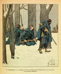 The Eastern Armee of Eugene Sergeant, kendt som Grenest, illustreret af Louis Bombled (1862-1927) (fransk-tyske krig; kampagne 1870 -1871): Januar 1871 blev en afdeling af Viette Company lagt i baghold nær Herimoncourt på passagen af en tysk kolonnesven