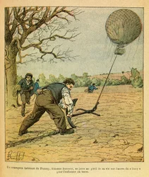 The Eastern Armee of Eugene Sergeant, kendt som Grenest, illustreret af Louis Bombled (1862-1927) (fransk-tyske krig; kampagne 1870 -1871): Battle of Nights Saint Georges; bønder forsøger at holde en observationsballon, Private Collectionswed