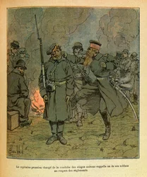 The Eastern Armee of Eugene Sergeant, känd som Grenest, illustrerad av Louis Bombled (1862-1927) (fransk-tyska kriget; kampanj 1870-1871): En preussisk kapten med ansvar för uppförandet av gisslan av Nuits Saint Georges påminner om en av hans soldater i c