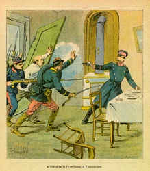 The Eastern Armee of Eugene Sergeant, känd som Grenest, illustrerad av Louis Bombled (1862-1927) (fransk-tyska kriget; kampanj 1870 -1871): En preussisk officer som togs till fånga av franska motiv i Vaucouleurs, privatsamling