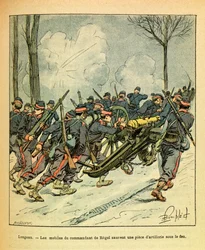The Eastern Armee of Eugene Sergeant, känd som Grenest, illustrerad av Louis Bombled (1862-1927) (fransk-tyska kriget; kampanj 1870-1871): December 1870, under slaget vid Longeau, räddade motiven för befälhavaren för Regel en kanon under fiendegran