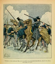 The Eastern Armee of Eugene Sergeant, känd som Grenest, illustrerad av Louis Bombled (1862-1927) (fransk-tyska kriget; kampanj 1870 -1871): Januari 1871, Hericourt, motiven för Var, under befäl av befälhavaren Sankt Martin, jaga Uhlans f