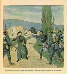 The Eastern Armee of Eugene Sergeant, känd som Grenest, illustrerad av Louis Bombled (1862-1927) (fransk-tyska kriget; kampanj 1870-1871): Abbe Barret lämnade Devecey för att ansluta sig till fransmännen togs till fånga av preussarna under striderna på Cus