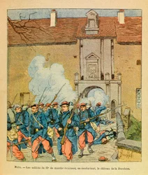 Eugene Sergeants östra armé, känd som Grenest, illustrerad av Louis Bombled (1862-1927) (fransk-tyska kriget; kampanjen 1870-1871): Slaget vid Saint Georges natt; soldaterna i 32, eme de marche evakuerar under kampen mot slottet La Berc.