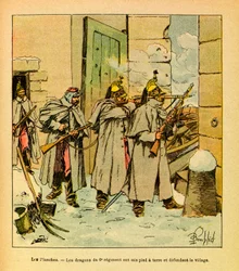 The Eastern Armee of Eugene Sergeant, känd som Grenest, illustrerad av Louis Bombled (1862-1927) (fransk-tyska kriget; kampanj 1870 -1871): I byn Les Plches försvarar drakarna från sjätte regementet byn, samling Partiell