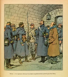 The Eastern Armee of Eugene Sergeant, känd som Grenest, illustrerad av Louis Bombled (1862-1927) (fransk-tyska kriget; kampanj 1870-1871): Salins, kapten Brichard tar emot en preussisk parlamentariker vid Fort Belin a Salins les Bains, menig Samling