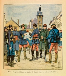 The Eastern Armee of Eugene Sergeant, känd som Grenest, illustrerad av Louis Bombled (1862-1927) (fransk-tyska kriget; kampanj 1870 -1871): Slaget vid Nuits Saint Georges; General Cremer på Marche Square ger sina order om försvar, december 1870, Pr