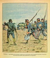 The Eastern Armee of Eugene Sergeant, känd som Grenest, illustrerad av Louis Bombled (1862-1927) (fransk-tyska kriget; kampanj 1870 -1871): Slaget vid Lantenay i november 1870, Aveyron-mobiltelefonerna utan havresaker går till fienden bär deras ri