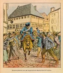 The Eastern Armee of Eugene Sergeant, känd som Grenest, illustrerad av Louis Bombled (1862-1927) (fransk-tyska kriget; kampanj 1870-1871): preussisk avantgarde-ton av befolkningen i Rambervillers den 7 oktober