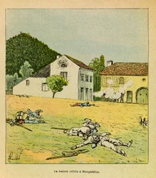 The Eastern Armee of Eugene Sergeant, känd som Grenest, illustrerad av Louis Bombled (1862-1927) (fransk-tyska kriget; kampanj 1870-1871): ett sålt hus under slaget vid Nompatelize i oktober 1870, privat samling