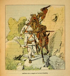 Kriget i Madagaskar-Anekdotisk historia om de franska expeditionerna 1885-1895 av Henri Galli dit Galllichet (1854-1922), illustrerad av Louis Bombled (1862-1927): Bergsartilleri på Andribavägen till Madagaskar 1895, privat samling