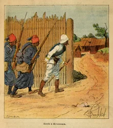 Kriget i Madagaskar-Anekdotisk historia om de franska expeditionerna 1885-1895 av Henri Galli dit Galllichet (1854-1922), illustrerad av Louis Bombled (1862-1927): Franska trupper gick in i byn Mevatanana 1895, privat samling