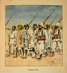 Kriget i Madagaskar-Anekdotisk historia om de franska expeditionerna 1885-1895 av Henri Galli dit Galllichet (1854-1922), illustrerad av Louis Bombled (1862-1927): Hovas-fångar 1895, privat samling