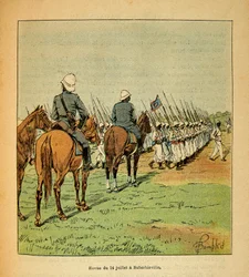Kriget i Madagaskar-Anekdotisk historia om de franska expeditionerna 1885-1895 av Henri Galli dit Galllichet (1854-1922), illustrerad av Louis Bombled (1862-1927): Revue des troupes 14 juli