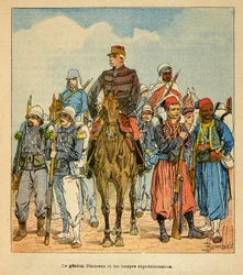 Kriget i Madagaskar-Anekdotisk historia om de franska expeditionerna 1885-1895 av Henri Galli dit Galllichet (1854-1922), illustrerad av Louis Bombled (1862-1927): General Duchesne med Madagaskars expeditionstrupper, privat samling