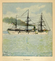 The War in Madagascar-Anecdotal History of the French Expeditions of 1885-1895 av Henri Galli dit Galllichet (1854-1922), illustrerad av Louis Bombled (1862-1927): Sjukhusfartyget "Shamrock" på väg till Madagaskar, privat samling