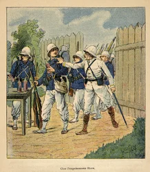The War in Madagascar-Anecdotal History of the French Expeditions of 1885-1895 av Henri Galli dit Galllichet (1854-1922), illustrerad av Louis Bombled (1862-1927): Franska trupper vid förgiftaren Shaw 1884 (engelsk metodistpastor som hade lämnas förgiftad 