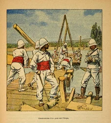 The War in Madagascar-Anecdotal History of the French Expeditions of 1885-1895 av Henri Galli dit Galllichet (1854-1922), illustrerad av Louis Bombled (1862-1927): Konstruktion av en bro av ande på Ikopa-floden 1895, Privat samling