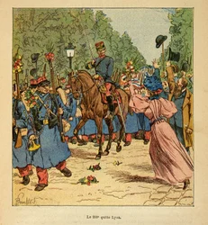 Kriget i Madagaskar - en anekdotisk historia om de franska expeditionerna 1885-1895 av Henri Galli dit Galllichet (1854-1922), illustrerad av Louis Bombled (1862-1927): Den 200:e linjen lämnar Lyon för Madagaskar 1895, privat samling.