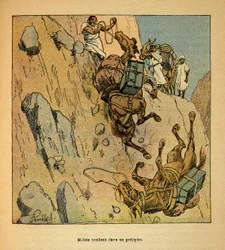 Kriget i Madagaskar-Anekdotisk historia om de franska expeditionerna 1885-1895 av Henri Galli dit Galllichet (1854-1922), illustrerad av Louis Bombled (1862-1927): Mulets av en militärkonvoj som faller i ett stup, särskild samling