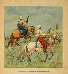 Kriget i Madagaskar-Anekdotisk historia om de franska expeditionerna 1885-1895 av Henri Galli dit Galllichet (1854-1922), illustrerad av Louis Bombled (1862-1927): Erkännande av gendarmer och jägare från Afrika på Madagaskar 1895, Privat samling