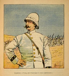 Kriget i Madagaskar-Anekdotisk historia om de franska expeditionerna 1885-1895 av Henri Galli dit Galllichet (1854-1922), illustrerad av Louis Bombled (1862-1927): Porträtt av general De Torcy (1844-1918), stabschef av expeditionsstyrkan i Madag